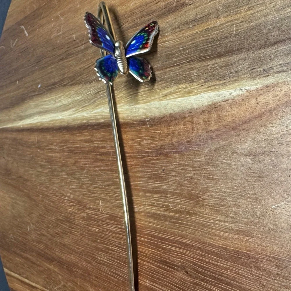 Gold Tone Butterfly Hook Bookmark Blue Purple Enamel Effect Metal Book Accessory